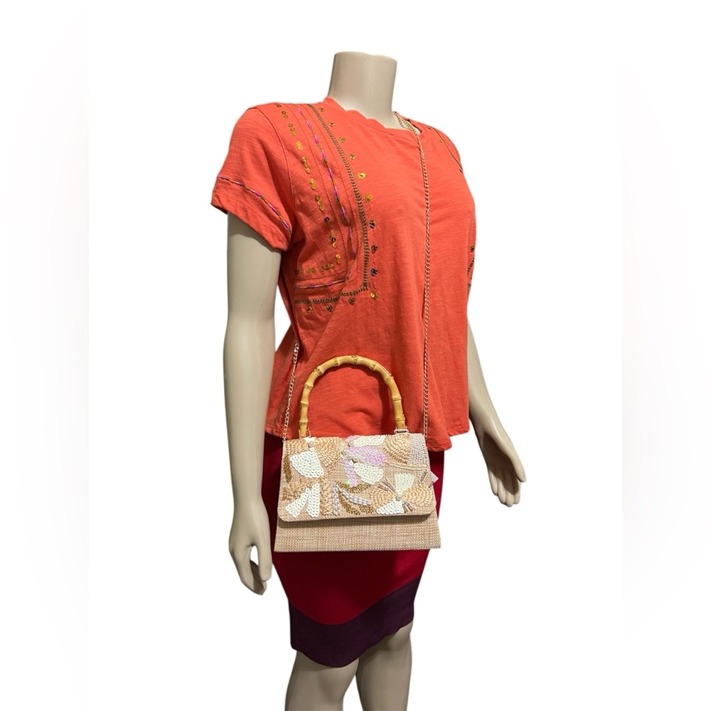 Haute Hippie Embellished Raffia Bamboo Handle Sachel Detachable Gold Chain Strap - Picture 6 of 10